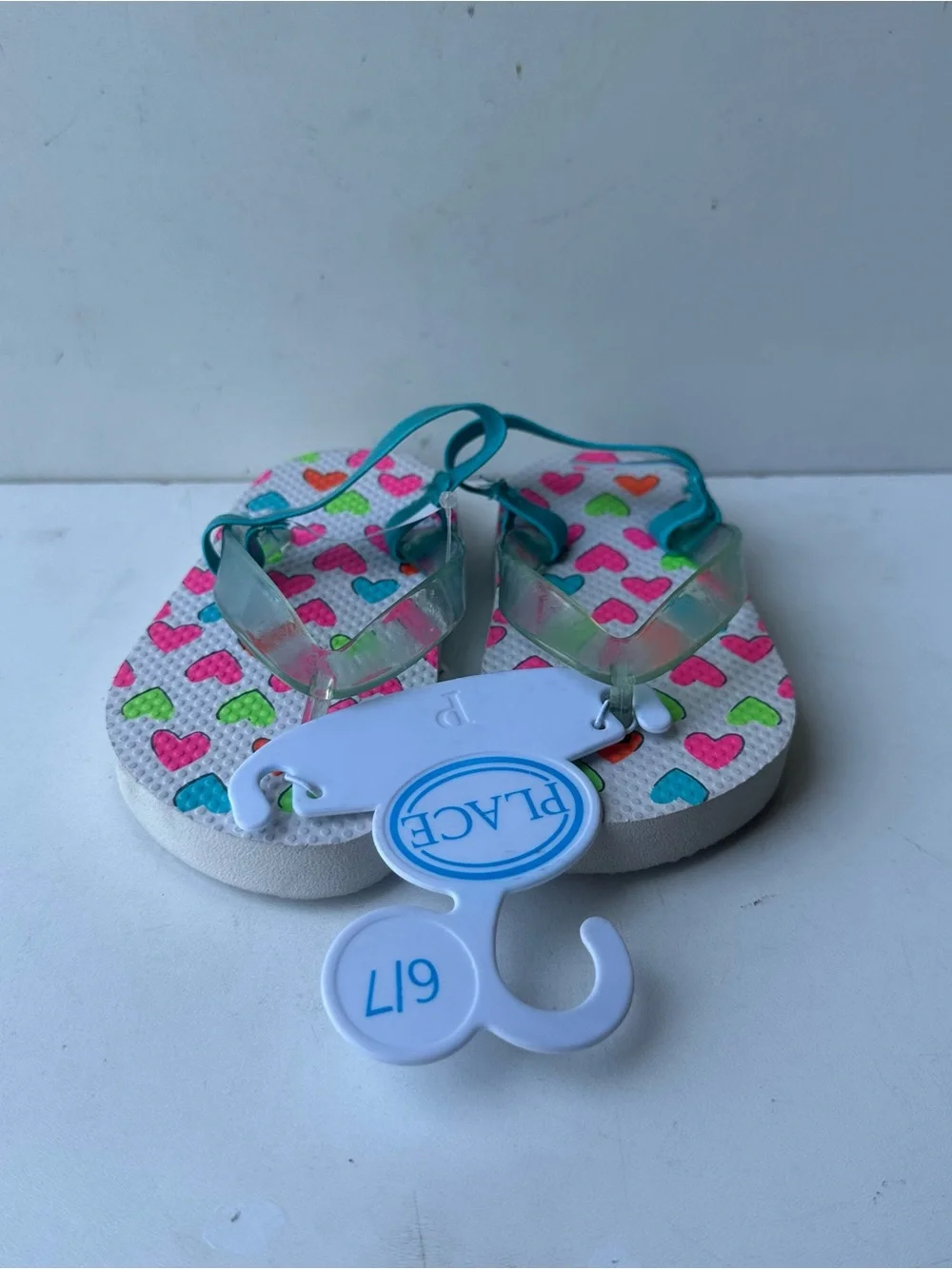PLACE Girls Heart Print Flip Flop Sandals Toddler Size 6/7 Teal Strap
